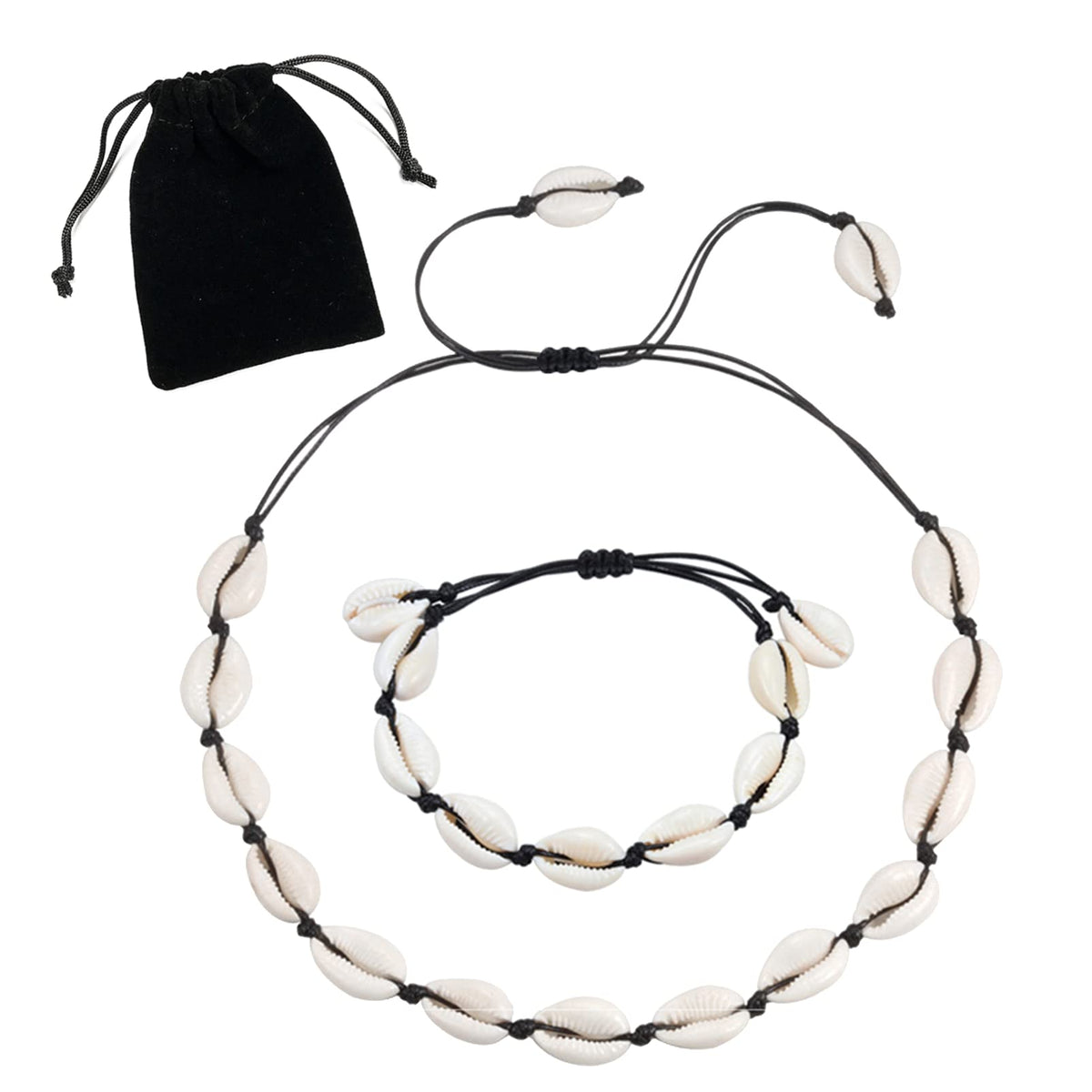 Shell Necklace Bracelet, Natural Shell Choker Necklace and Bracelet Set, 2Pcs Summer Beach Necklace and Bracelet for Women, Girls and Man (Black)