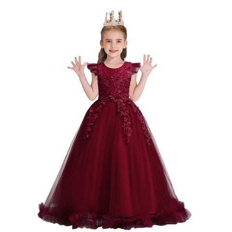 HIHCBF Flower Girls Embroidered Lace Princess Communion Dress Ruffle Tulle Wedding Birthday Pageant Evening Ball Gown Burgundy 3-4T