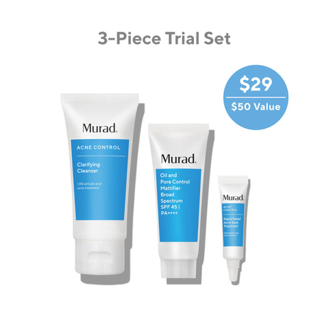 Murad Clear Breakouts + Control Oil - 3-Piece Trial Kit ($50 Value) - Acne Fighting Kit - Clarifying Cleanser 2Fl Oz, Rapid Relief Acne Treatment 0.25Fl Oz, Oil & Pore Mattifer SPF 45 0.8Fl Oz