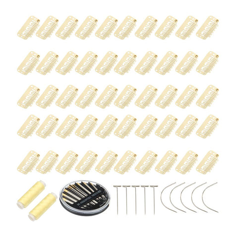 ZLCHE 102 Pieces Hair Extension Clips, Include 50 Pcs U-Shaped Snap Wig Clips, 10 Pcs Curved Needles, 10 Pcs T-Pins, 2 Rolls Weaving Thread, 30-Count Assorted Needles (Beige)