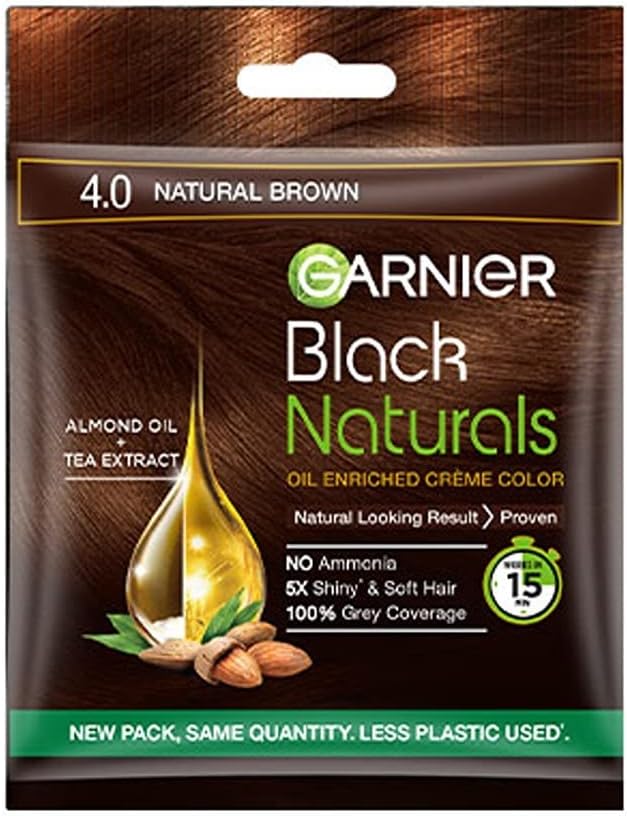 Garnier Black Naturals - Natural Brown 4.0. Oil Enriched Creme Color with Almond Oil and Tea Extracts. No Ammonia