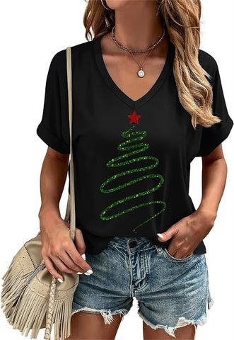 Women's V Neck Christmas T-Shirt Winter Casual Funny Family Xmas Party Short Sleeve Graphic Tees Tops, 24--b, L