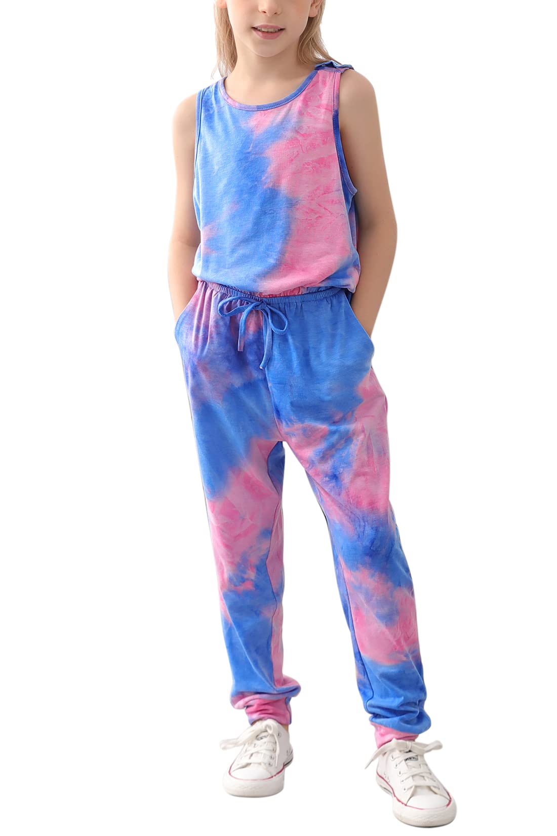 GORLYA Girl's Sleeveless Solid Casual Jumpsuit Rompers Harem Pants Outfits for 4-14T - blue - 10 Years