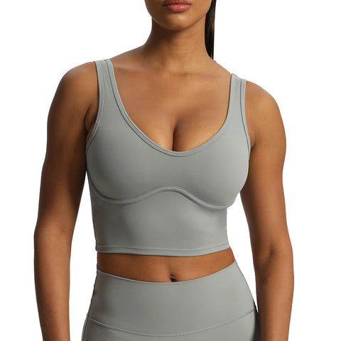 Aoxjox Women's Workout Brooke Tank Crop Curve Longline Fitness Sports Bras Padded Training Gym Bra Yoga Top (Grey, Medium)