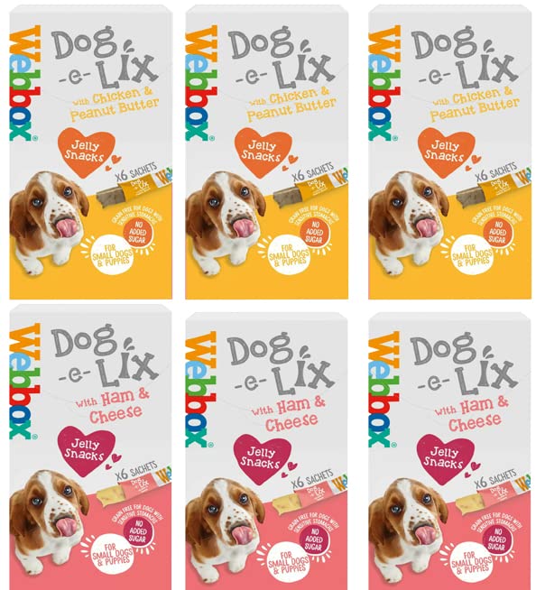 Webbox Dog-e-Lix Treats Variety Pack Chicken & Peanut Butter, Ham & Cheese Jelly Treats (36 Treat Sachets) (Mixed Variety 6 Pack)
