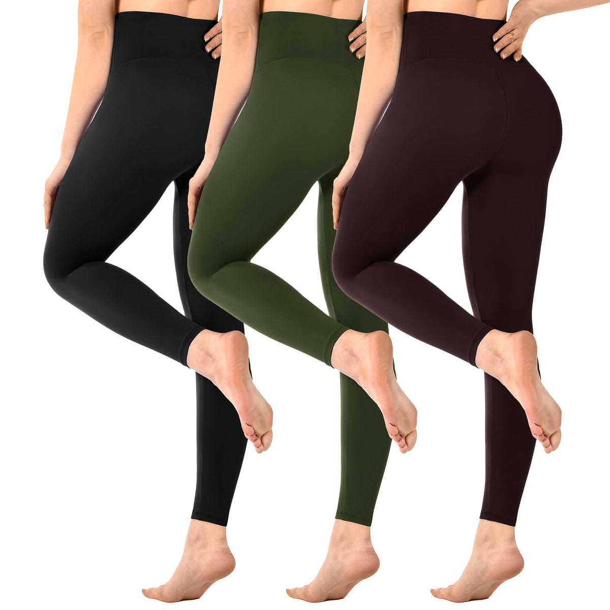 SINOPHANT Pack of 3 Women's High Waist Opaque Black Leggings for Gym Yoga Sports, Black/Army Green/Brown, L-XL