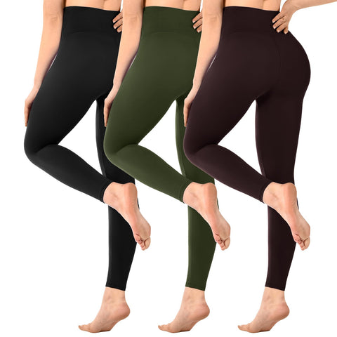 SINOPHANT Pack of 3 Women's High Waist Opaque Black Leggings for Gym Yoga Sports, Black/Army Green/Brown, L-XL