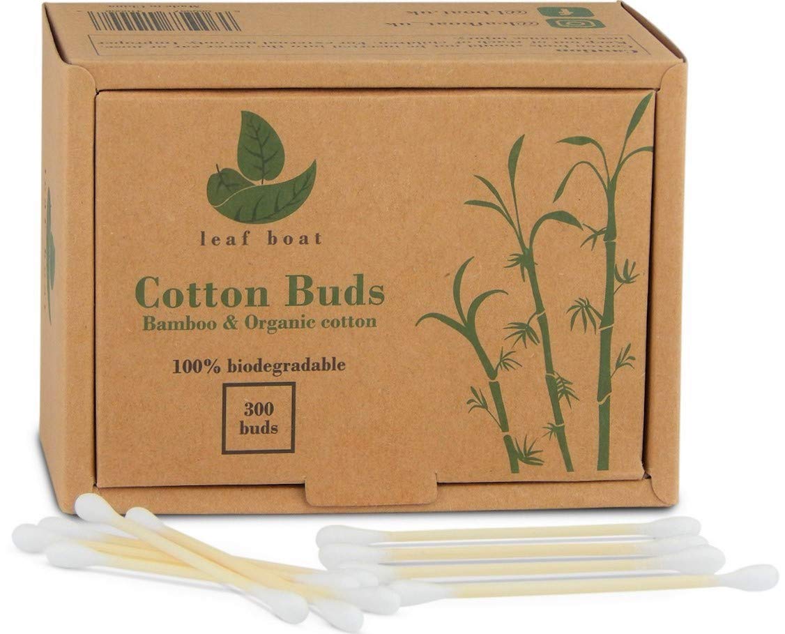 LEAF BOAT Bamboo Cotton Buds | Cotton Buds for Ears, makeup cleaning, etc. | GOTS Certified Biodegradable, Eco-Friendly and Plastic Free | Vegan | Recycled Packaging | (Pack of 1 Box, 300 Buds)
