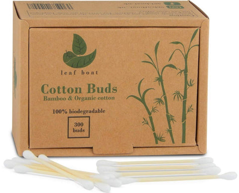 LEAF BOAT Bamboo Cotton Buds | Cotton Buds for Ears, makeup cleaning, etc. | GOTS Certified Biodegradable, Eco-Friendly and Plastic Free | Vegan | Recycled Packaging | (Pack of 1 Box, 300 Buds)