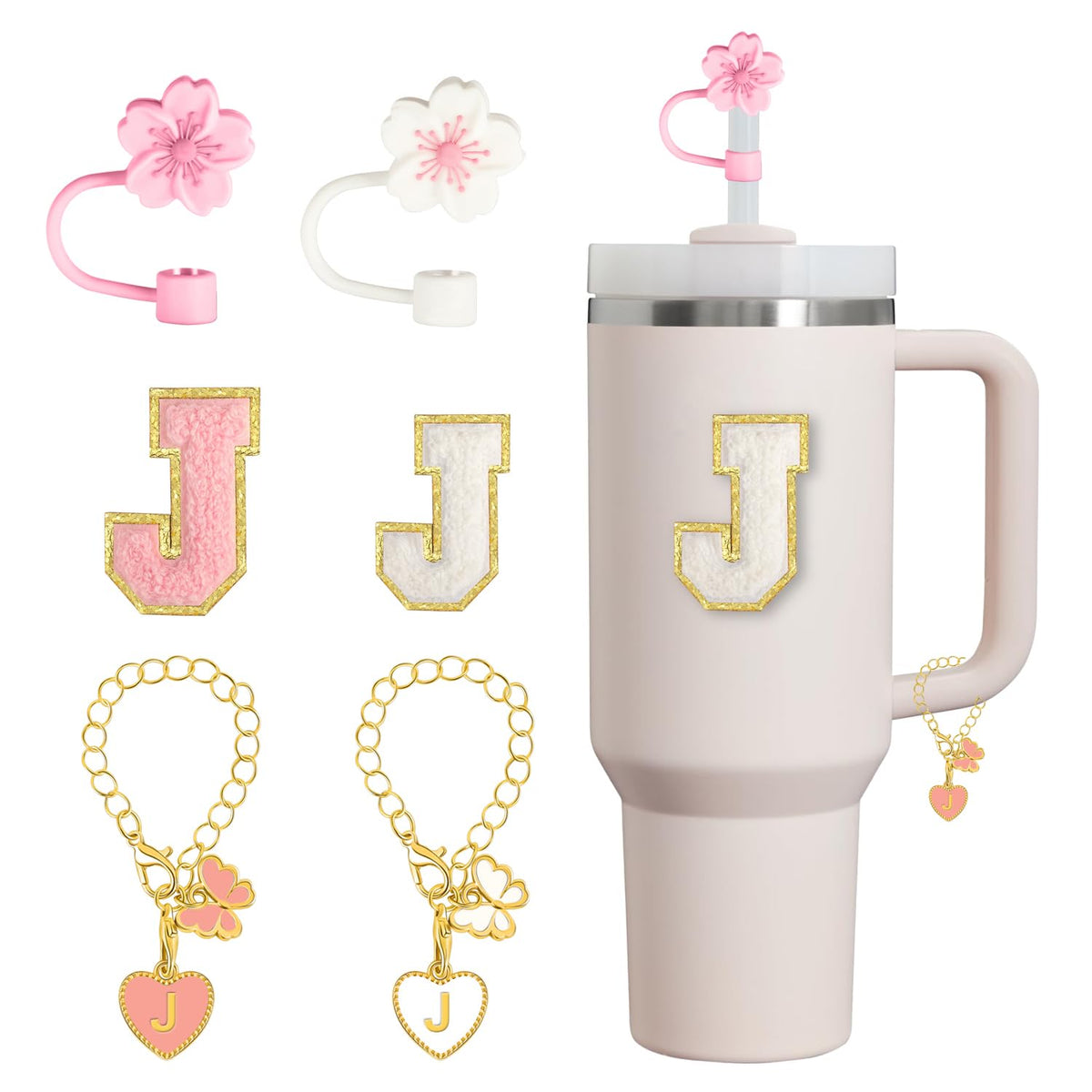 6 PCS Stanley Cup Accessories Including Stanley Silicone Straw Cover Cap, Butterfly Letter Charms with Chain and Letter Sticker for Stanley 30 40 OZ Decorations