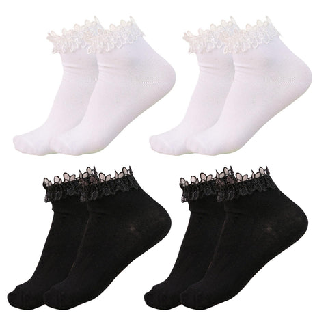 SKHAOVS 4 Pairs Aldult Ruffle Ankle Socks Frilly Socks Soft Lace Socks Velvet Socks Ballet Socks Sweet Princess Ruffle Socks Dress Socks Black White Socks Set for Women Ladies Girl Party (4 Pairs)