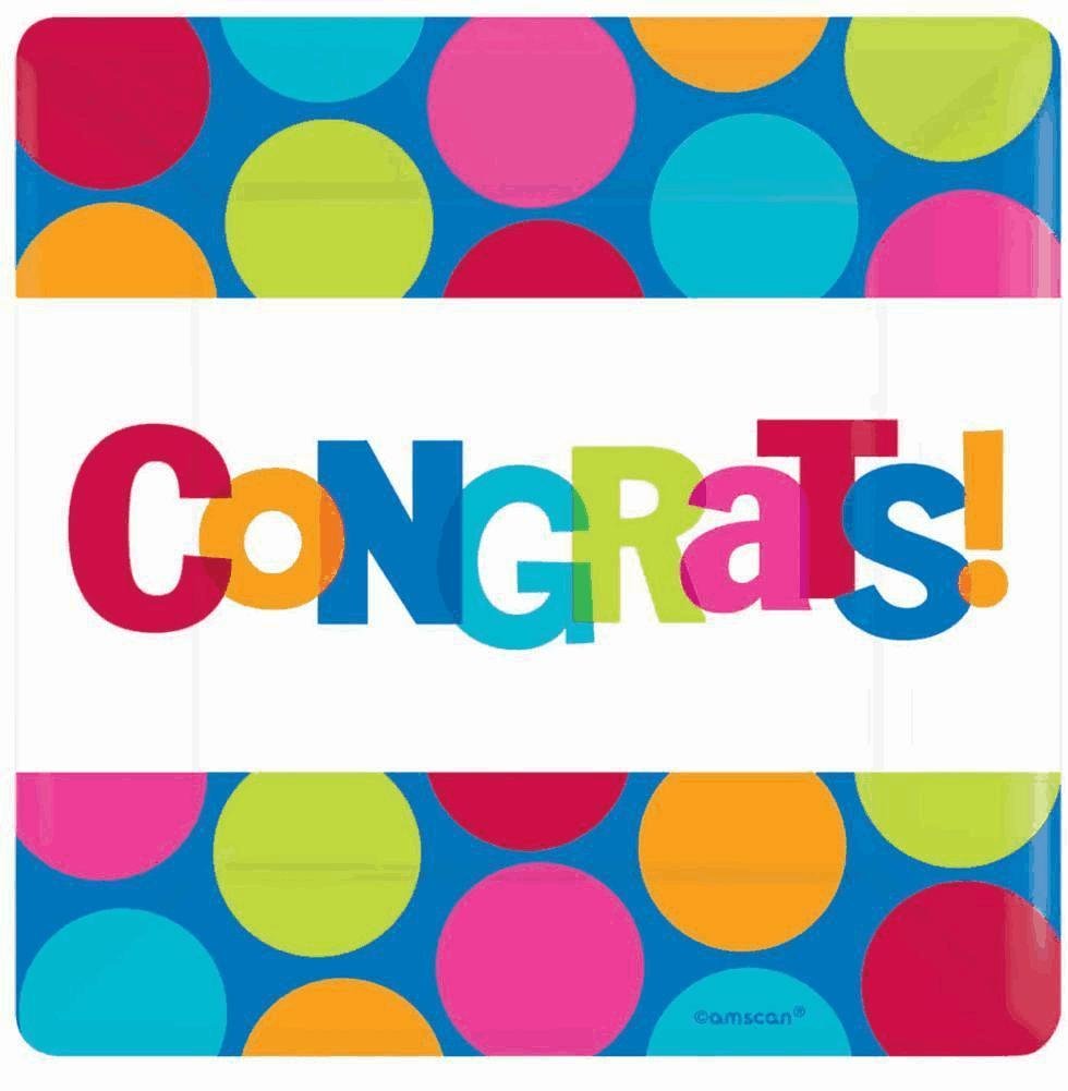 Amscan Cabana Dot Congratulations Printed Party Paper Plates, Multi