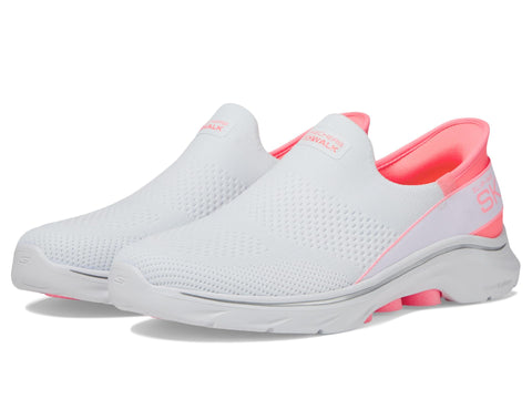 Skechers Women's GO Walk 7 MIA, White Textile Neon Pink Trim, 11