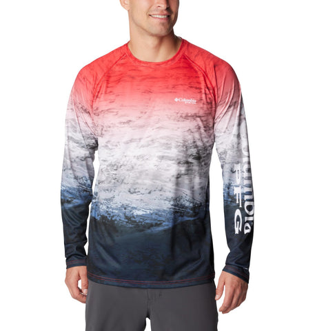 Columbia Men's Super Terminal Tackle Long Sleeve Shirt, Red Spark Deepsea Fade, Small