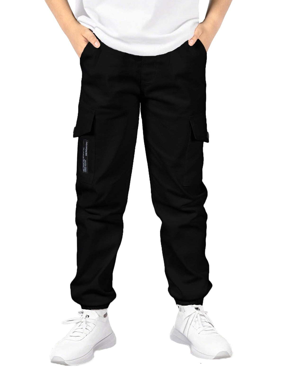SERENYOU Boys Cargo Pants Kids Elastic Waist Cargo Joggers Boy's Cargo Trousers with Multi Pockets Black 13-14 Years (manufacturers's Size: 170)