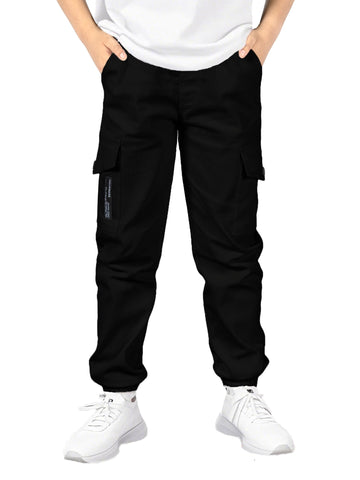 SERENYOU Boys Cargo Pants Kids Elastic Waist Cargo Joggers Boy's Cargo Trousers with Multi Pockets Black 13-14 Years (manufacturers's Size: 170)