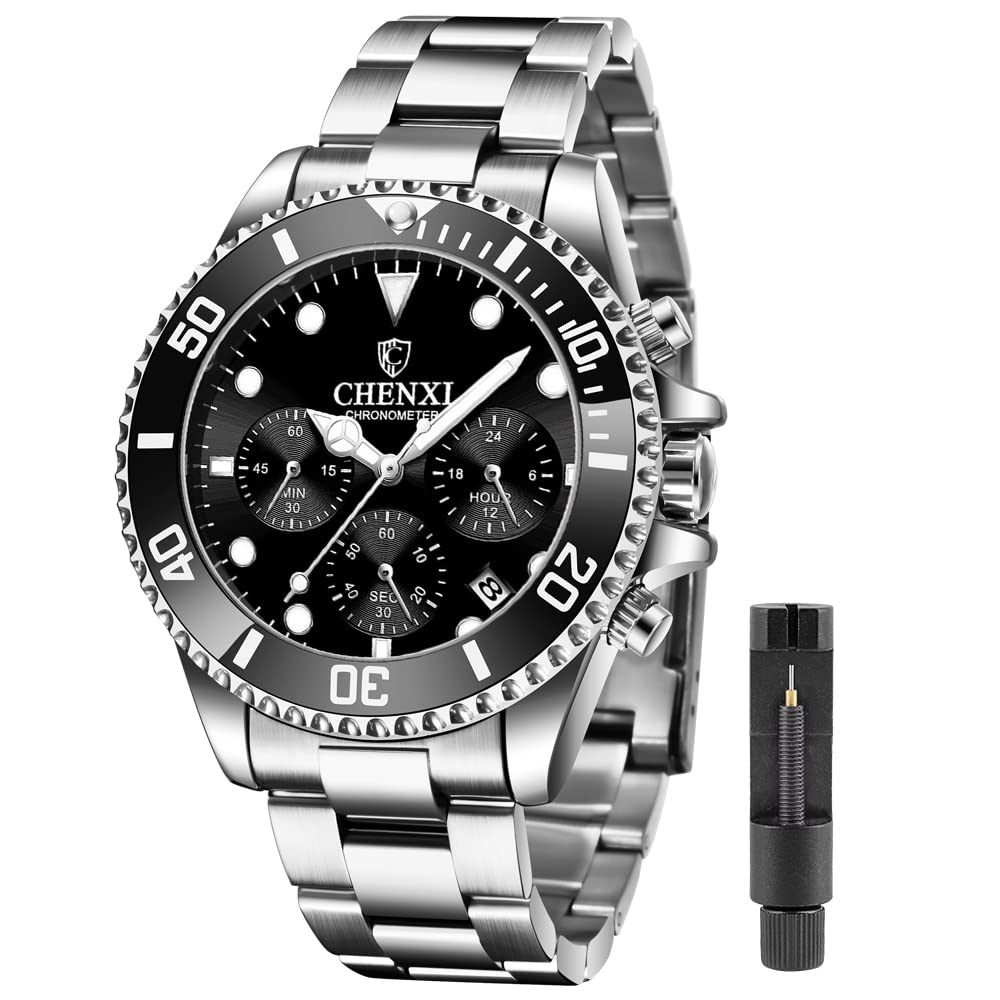 Tiong Men Automatic Date Quartz Watch Chronograph Multifunction Stainless Steel Business T823(Silver Black)