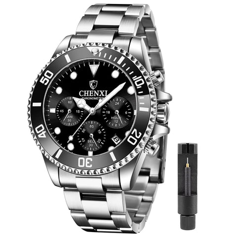 Tiong Men Automatic Date Quartz Watch Chronograph Multifunction Stainless Steel Business T823(Silver Black)