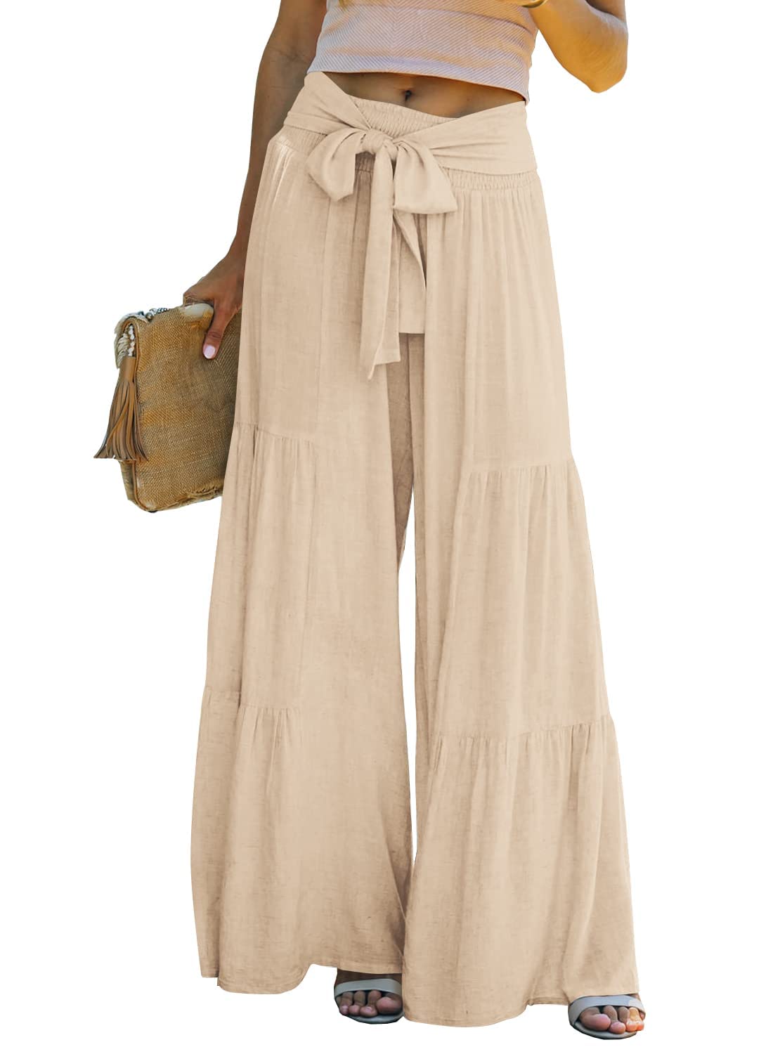 Lafural Women Summer High Waisted Cotton Linen Flare Palazzo Pants Beach Pant Long Bell Bottom Lounge Trousers, Apricot, Large
