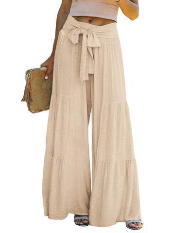 Lafural Women Summer High Waisted Cotton Linen Flare Palazzo Pants Beach Pant Long Bell Bottom Lounge Trousers, Apricot, Large