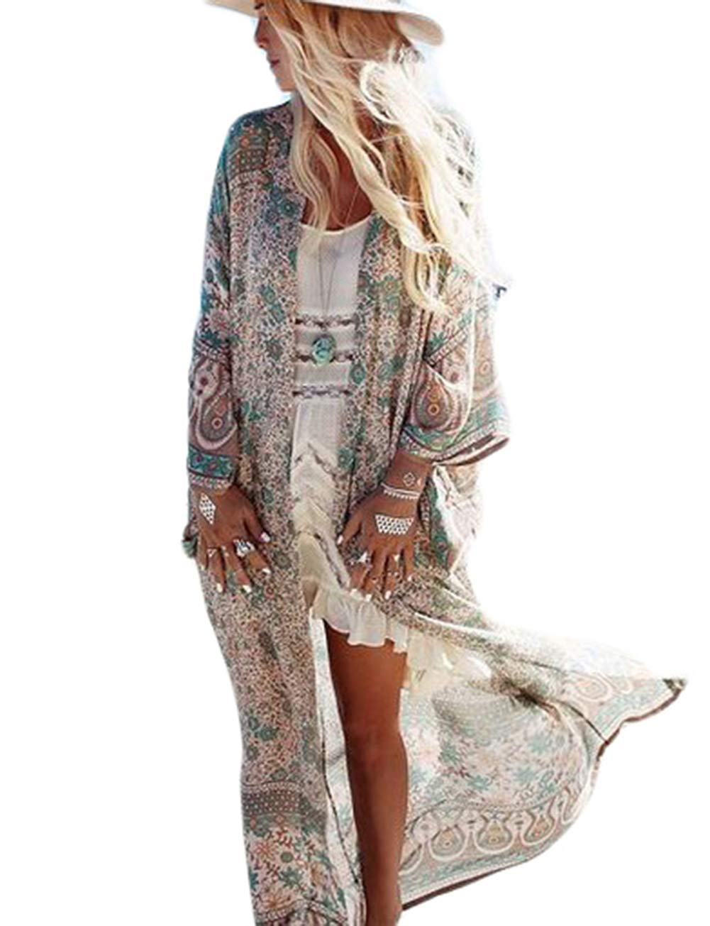 Bsubseach Womens Green Print Bathing Suit Swimsuit Cover Up Beachwear Open Front Kimono Cardigan Swimwear Kaftan