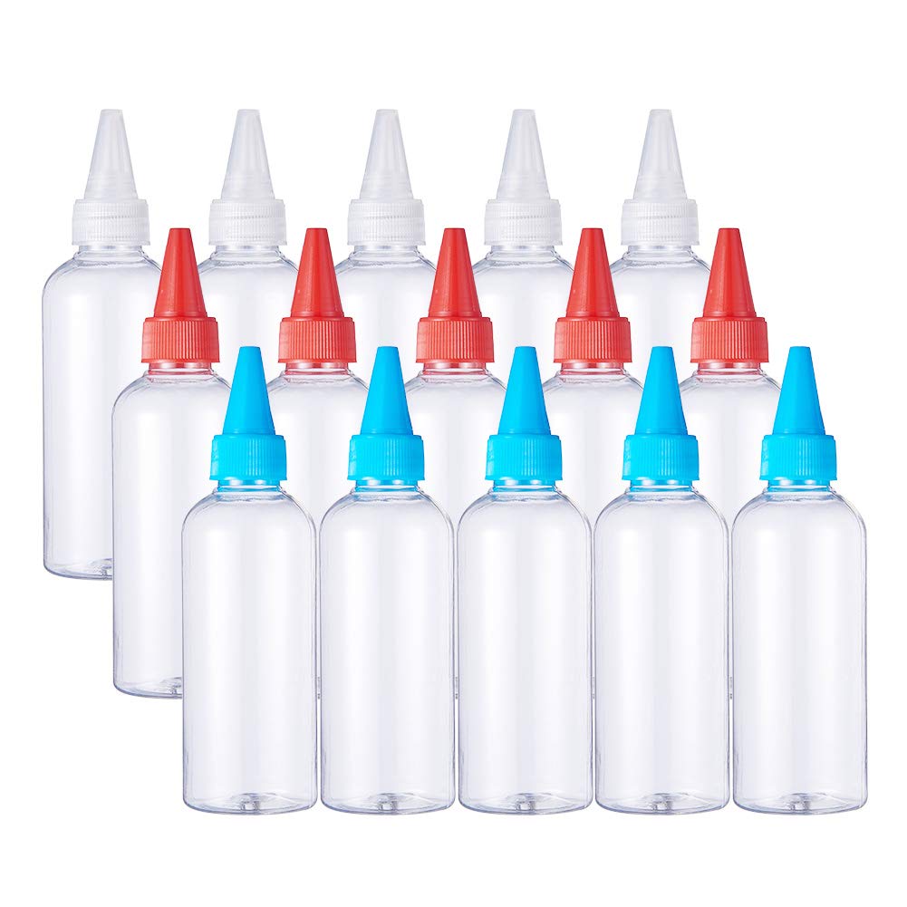 BENECREAT 15 Pack 3.4 Ounce Plastic Tip Applicator Bottle Squeeze Dispensing Bottles with Red/Blue/White Tip Caps - Good for Crafts, Art, Glue, Multi Purpose
