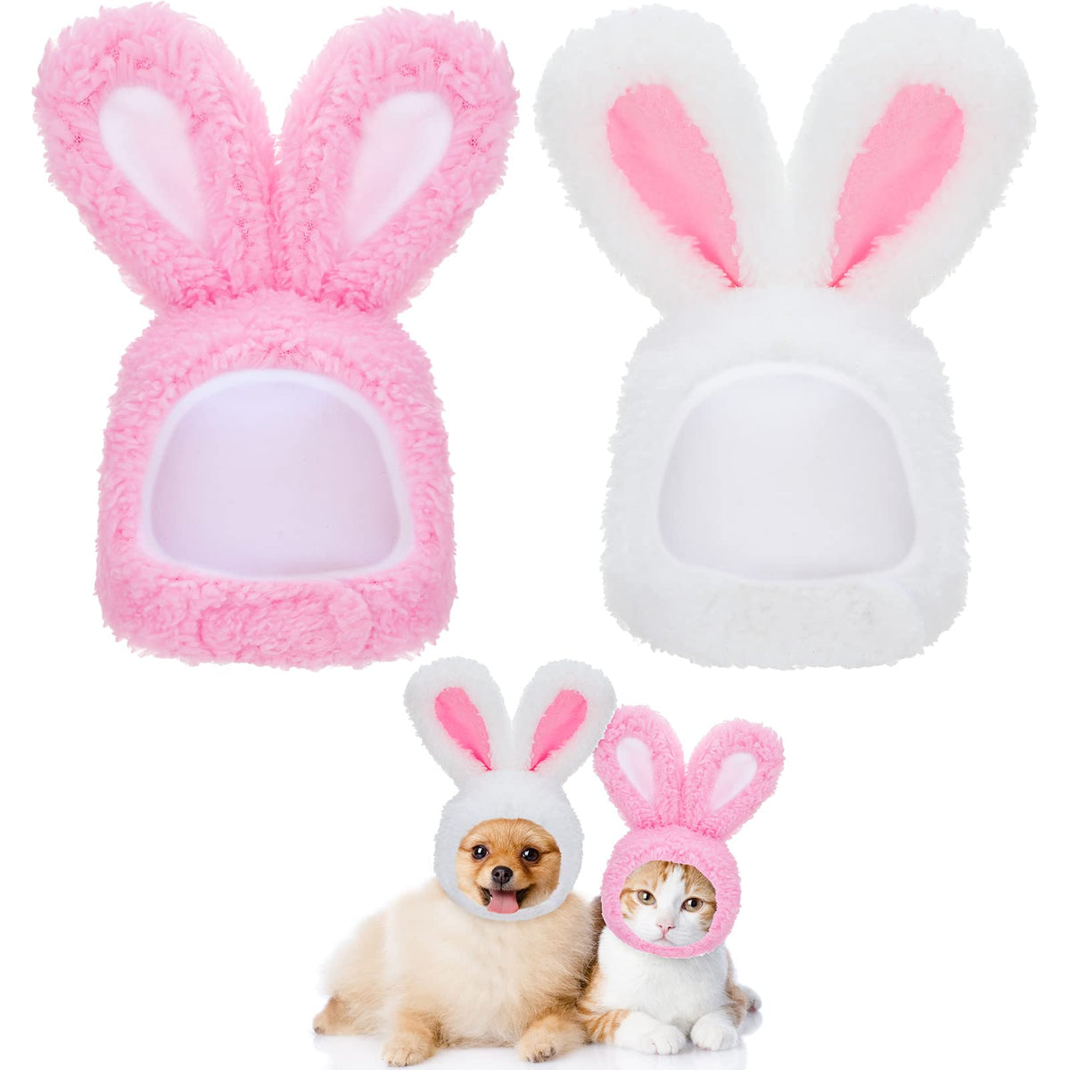 2 Pcs Easter Cat Hat Rabbit Ear Cats Outfit Bunny Dog Costume Adorable Pet Headwear Costume for Kitten Small Dogs Cute Costume Cosplay Festival Daily Party Accessory, White, Pink