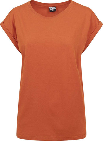 Urban Classics Women's Ladies Extended Shoulder Tee Basic Capsleeves, Shortsleeve T-Shirt Top with Crew Neck, Rust Orange, XS