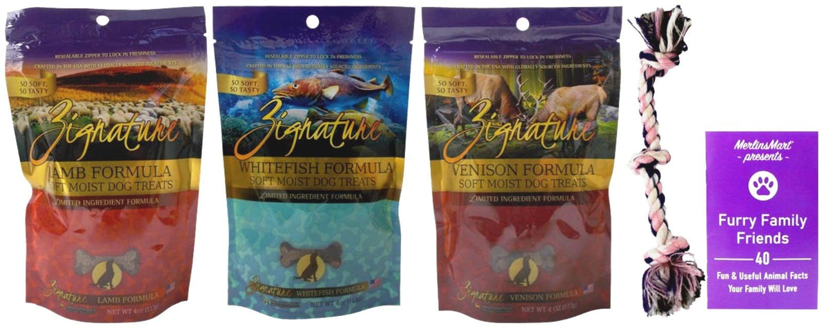 Zignature Soft Moist Limited Ingredient Dog Treats 3 Flavor Variety - (1) Each: Lamb, Whitefish, Venison (4 Ounces) - Plus Rope Toy and Fun Animal Facts Booklet Bundle