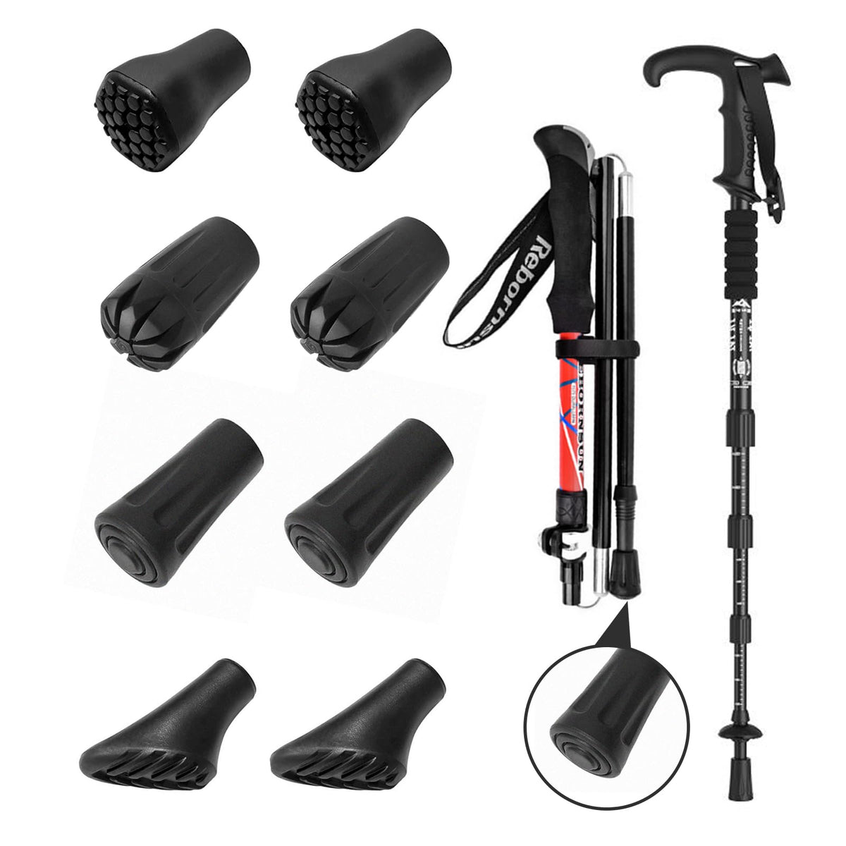 Walking Stick Rubber Ends Set, Shock Absorption Walking Stick Ends, Non-Slip Stable Replacement Cane Tip, Black Stick Rubber Ferrules for Adult Seniors Hiking (8)