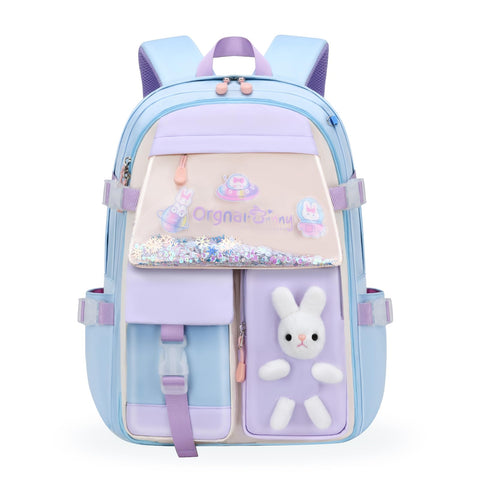 Ynport Crefreak Cute Bunny School Backpack for Girls Large Capacity Aesthetic School Bag Water Repellent Kawaii Bookbags for Grades 1-6 Bags, Blue