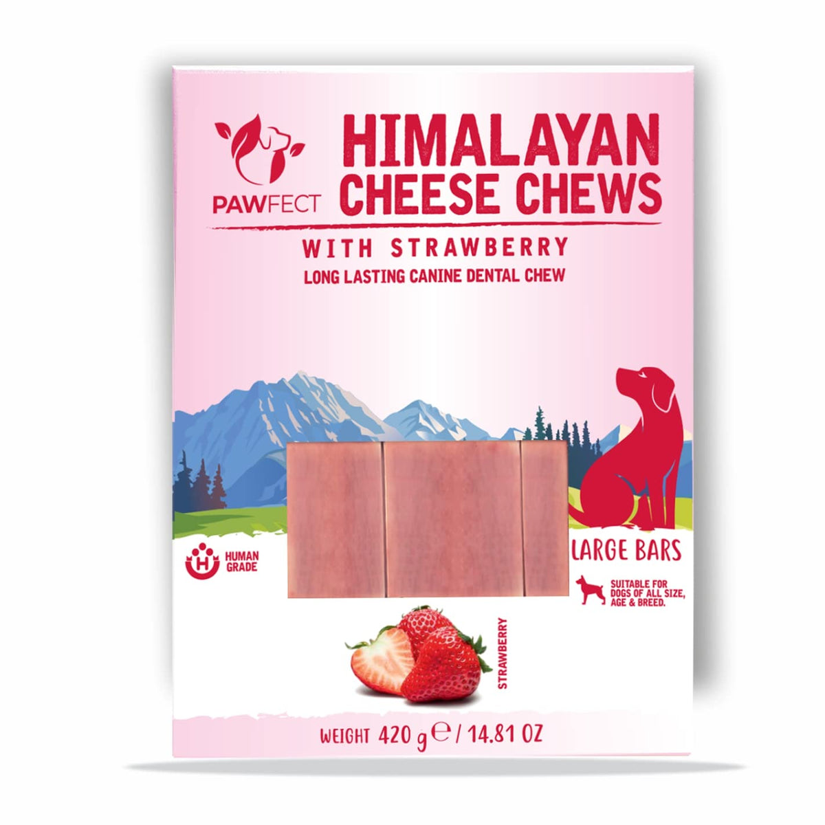 Pawfect Food Himalayan Cheese Dental Chews with Strawberries | For Large Dogs | 140g (Large) bars x 3| 100% Natural | Long Lasting