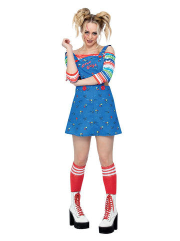 Smiffys Chucky Costume for Adults, Pinafore Mini Dress and Top, Officially Licensed, Off-the-Shoulder Striped Top, Ideal for Halloween and Matching Family or Pet Fancy Dress