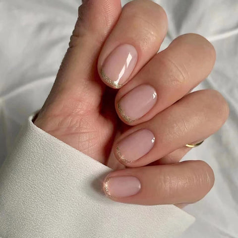 Short French Tips Press On Nails, Gold Glitter Fake Nails with Design Square Nude Pink Acrylic False Nail Kits Stick Glue on Nails Sets for Women Reusable Full Cover Gel Nails for Holiday Gift 24Pcs