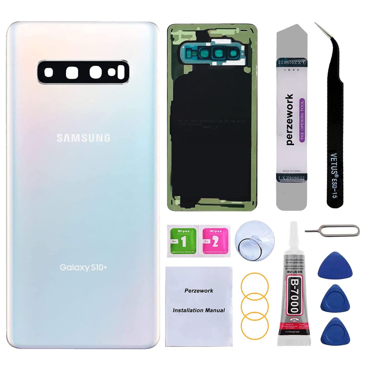Perzework Rear Back Glass Replacement for Samsung Galaxy S10+ Plus 6.4 inches with Reparing Toolkit and Pre-Installed Adhesive (Prism White)