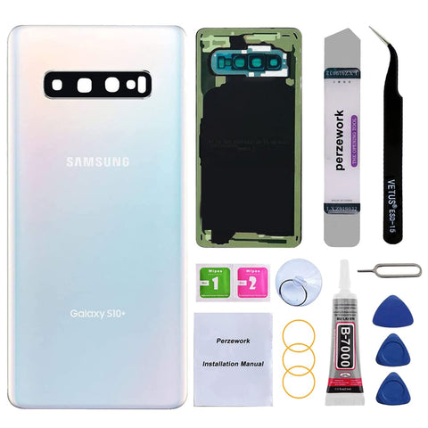 Perzework Rear Back Glass Replacement for Samsung Galaxy S10+ Plus 6.4 inches with Reparing Toolkit and Pre-Installed Adhesive (Prism White)