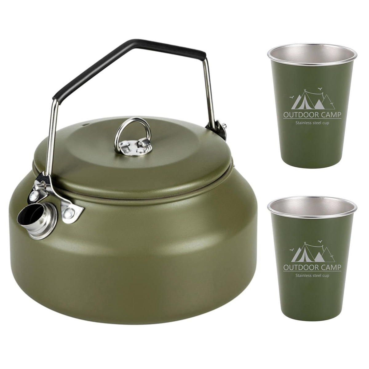 3PCS Camping Kettle Outdoor Campfire Camp Kettle Set with 2 Cups, 1L Stainless Steel camping tea kettle Coffee Pot, Portable Lightweight Teapot, Ideal for Hiking Picnic Travel, Green
