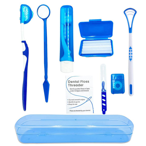 HRASY Portable Orthodontic Oral Care Kit for Braces - Interdental Brush Dental Wax Dental Floss Toothbrush Cleaning Kit(Blue)