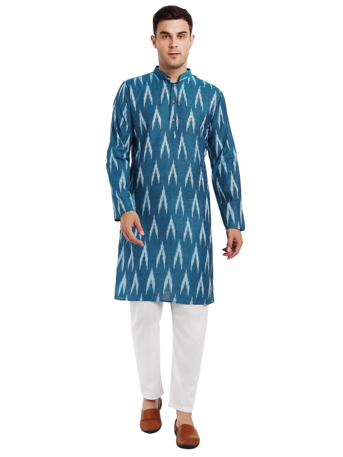 SKAVIJ Men's Pure Cotton Printed Kurta Pajama Set Ikat Design Casual Ethnic Dress (KP118turquoise_Turquoise_M)