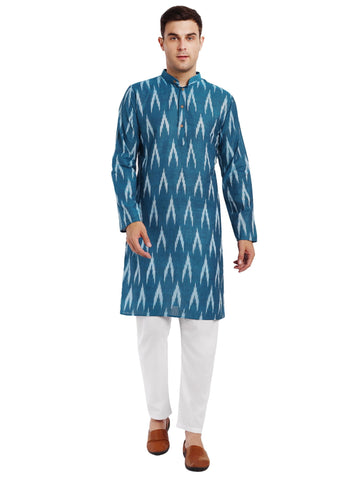 SKAVIJ Men's Pure Cotton Printed Kurta Pajama Set Ikat Design Casual Ethnic Dress (KP118turquoise_Turquoise_M)