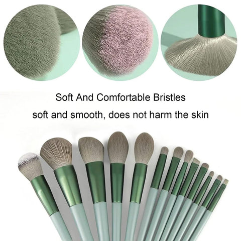 Foundation Makeup Brush Set Kit | 13 Pcs Premium Synthetic Kabuki Eye Shadows Make Up Brushes + 1 Sponge + 1 Brush Bag for Travel and Home Use (GREEN)