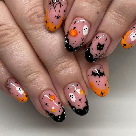 JUSTUSNX 24pcs Black Short Fake Nails Pumpkin False Nails Halloween Press on Nails for Women and Girls (B)