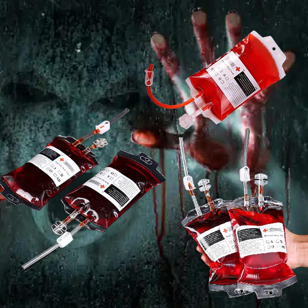 Bag prop for Halloween, infusion bag, blood bag, 5 pieces, 350 ml, Halloween drinking vessel, blood bag, reusable infusion bag, blood bag for drinks, for filling blood bag
