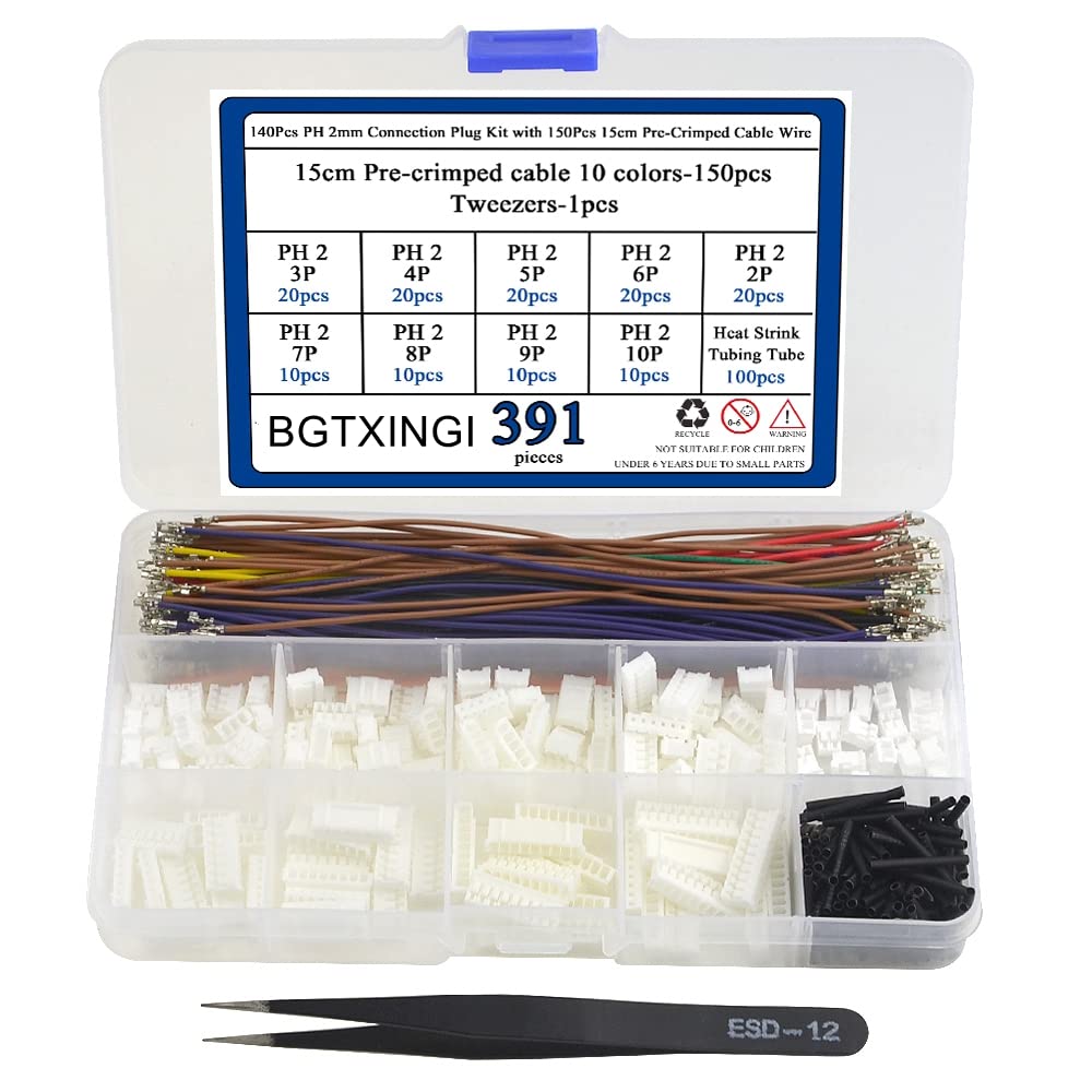 BGTXINGI 140Pcs PH 2mm Connection Plug Kit with 150Pcs 15cm Pre-Crimped Cable Wire 2/3/4/5/6/7/8/9/10 PIN House Compatible with JST PH Connector