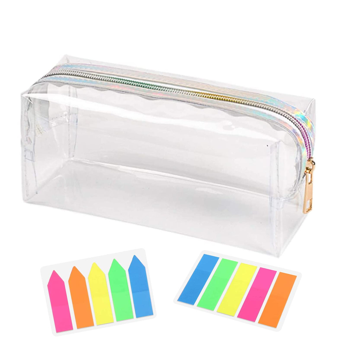 MOSNOW Pencil Case Clear, Large Transparent Pencil Case with 200 Pcs Index Tabs Sticky, See Through Clear Plastic Kids Pencil Pouch for Girls Boys Students Exam