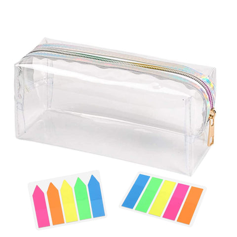 MOSNOW Pencil Case Clear, Large Transparent Pencil Case with 200 Pcs Index Tabs Sticky, See Through Clear Plastic Kids Pencil Pouch for Girls Boys Students Exam