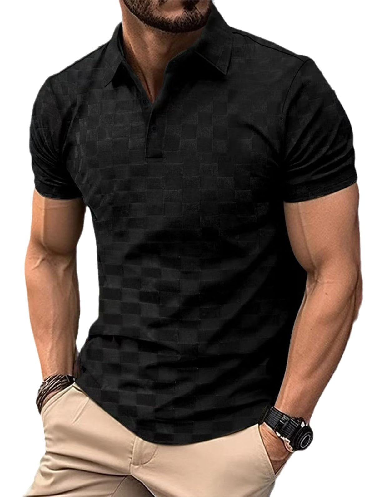Men's Plaid Jacquard Polo Shirt Summer Solid Color Casual Loose Short Sleeve Polo Tshirts L Black