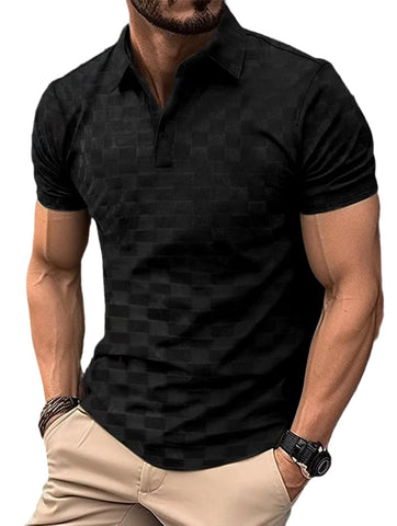 Men's Plaid Jacquard Polo Shirt Summer Solid Color Casual Loose Short Sleeve Polo Tshirts L Black