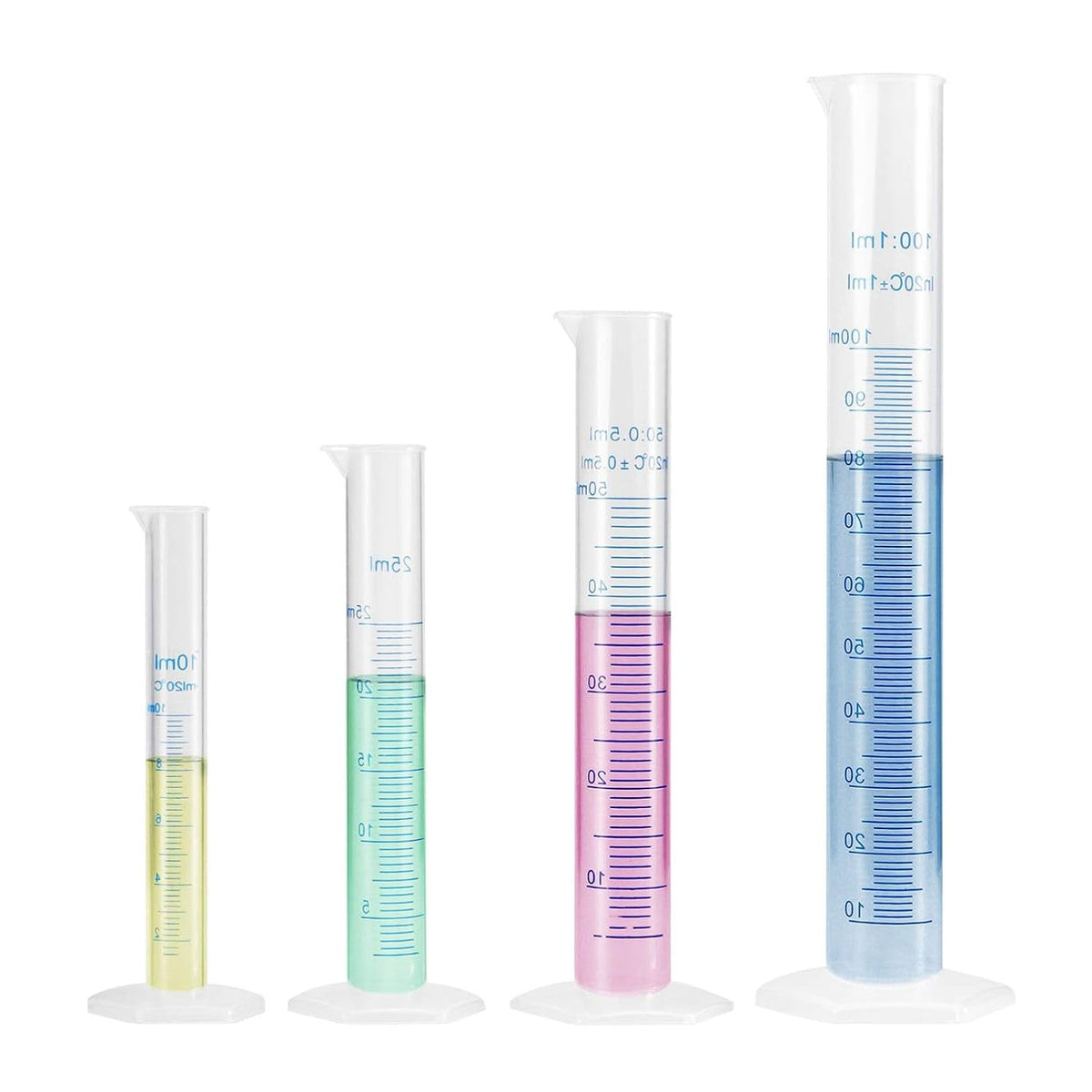 LATRAT 4 Pack Measuring Cylinders Plastic Set, 10/25/50/100 ml, for DIY and Scientific Laboratories, Plastic Graduation Measuring Cylinder Liquid Measuring Tools for Chemical Kitchen