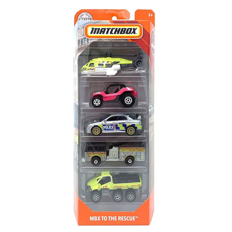 Matchbox 2019 Rescue 5 Pk (Sea Hunter, Baja Bandit, Subaru Impreza, Pierce Dash Fire, Trail Tracker)